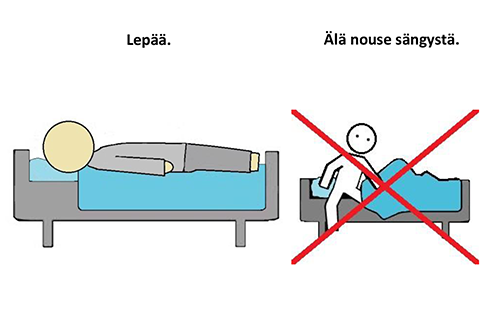Vasemmalla piirretty henkilö lepää sängyssä. Oikealla henkilö nousee sängystä, mutta piirroksen yli on vedetty punainen ruksi kiellon merkiksi.