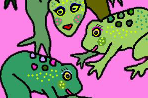 Piirroksessa kolme vihreää sammakkoa hyppii pinkillä taustalla.