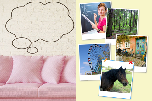 Vasemmalla valokuva vaaleanpunaisesta sohvasta, jonka yläpuolelle on piirretty ajatuskupla. Oikealla on valokuvia itseä kiinnostavista asioista, kuten opiskelu, metsä, hevonen.