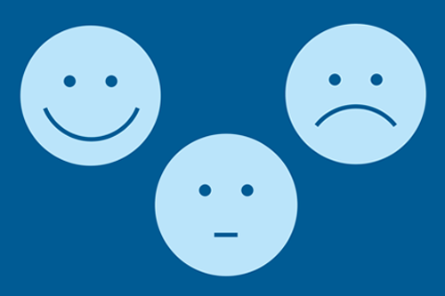 Kolme piirrettyä pyöreää naamaa: iloinen, surullinen ja totinen.