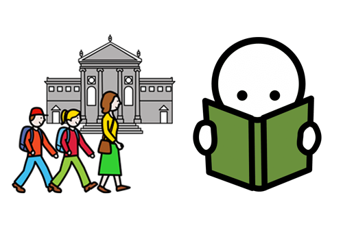 Väripiirroksessa oikealla kaksi lasta reppuineen kävelee aikuisen perässä koristeellisen rakennuksen edessä, oikealla piirroshahmo lukee kirjaa.