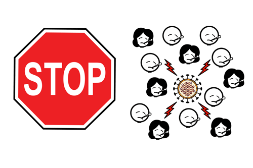 Piirroskuvat stop-merkki ja koroviruksen tarttuminen -symboli.