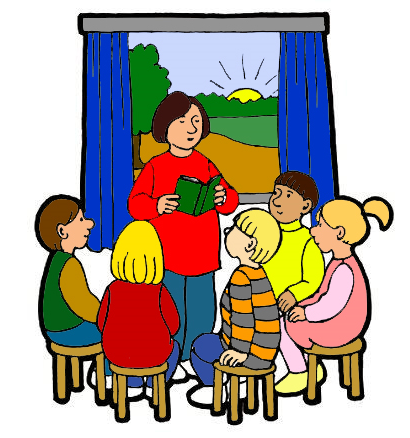 Piirroskuvassa on kirjaa lukeva opettaja ja oppilaita istumassa piirissä tuoleilla opettajan ympärillä. Taustalla ikkuna, jossa on nousemassa aamuaurinko.
