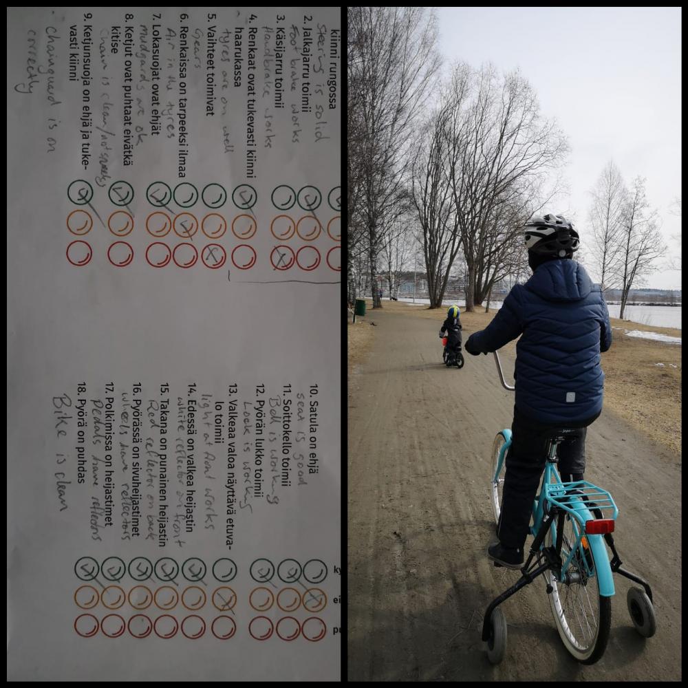 Kuvassa vasemmalla tarkistuslista ja oikealla poika pyöräilemässä.