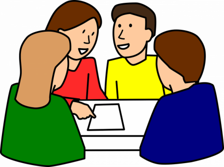Piirroskuvassa on ihmisiä, jotka keskustelevat pöydän ympärillä.