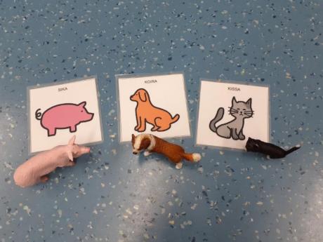 Valokuvassa on eläimiä esittäviä leluja yhdistettyinä eläimiä esittäviin kuviin.