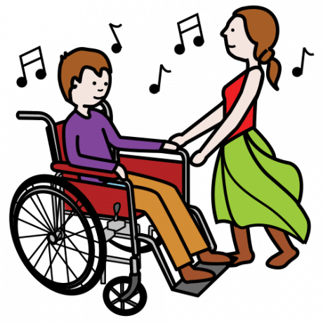 Piirroskuvassa pyörätuolia käyttävä poika tanssii tytön kanssa. Pojan ja tytön ympärillä on nuotteja.