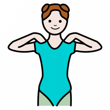 Piirroskuvassa on voimistelupukuun pukeutunut tyttö, joka jumppaa käsillään.
