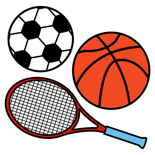 Piirroskuvassa on jalkapallo, koripallo ja tennismaila.
