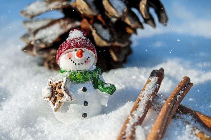 Valokuvassa on lumiukkohahmo talvisessa maisemassa.