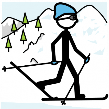 Piirroskuvassa on talvinen maisema, jossa on hiihtäjä.