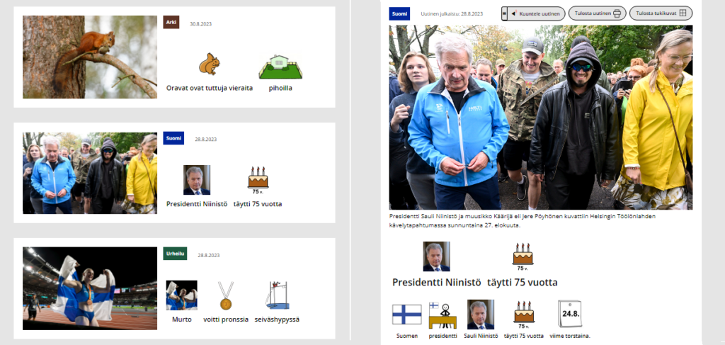 Kuvassa vasemmalla on uutisotsikoita kuvien tuella ja kuvassa oikealla on kappale kuvauutisesta, jossa kerrotaan presidentti Niinistön syntymäpäivän kävelytapahtumasta.