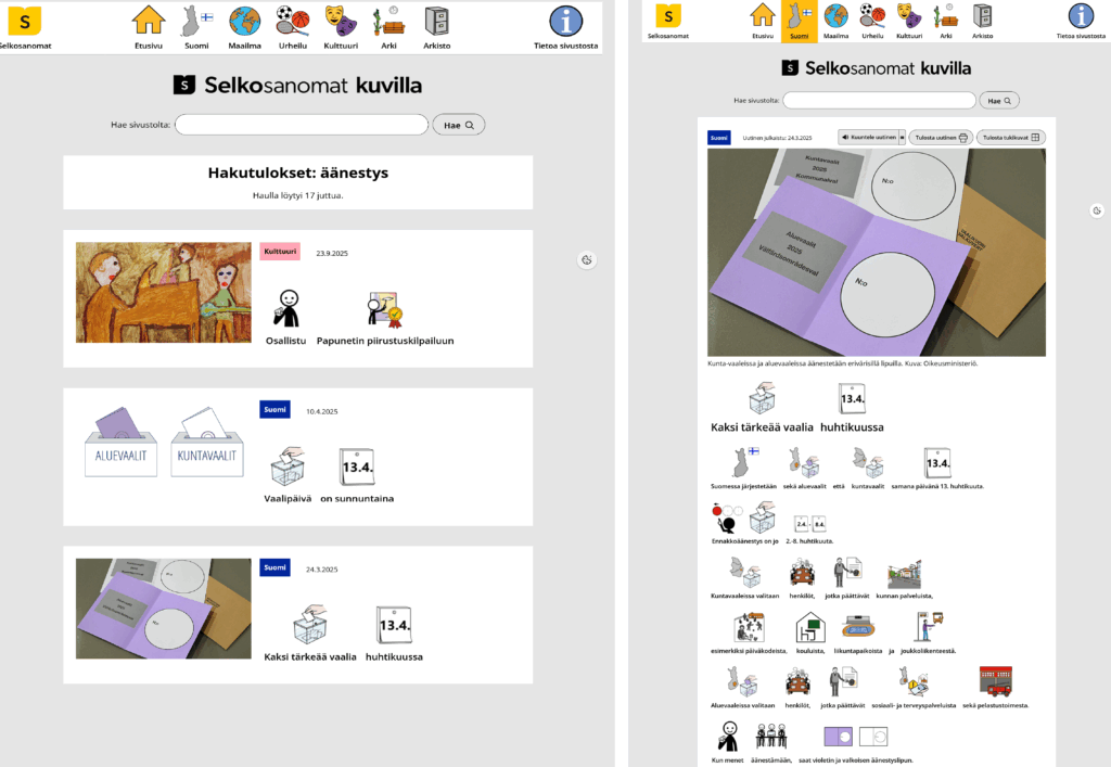 Näkymät Selkosanomat kuvilla -verkkosivustosta ja kuvin tuetusta uutisesta liittyen vaaleihin.