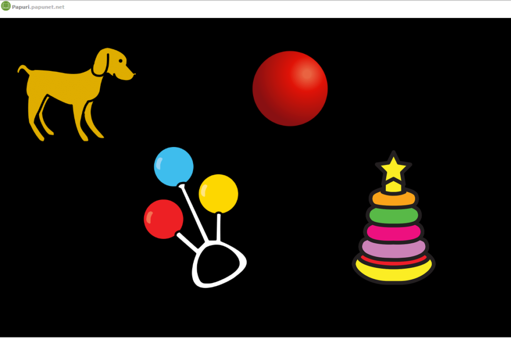 piirroskuvat koira, pallo, helistin ja renkaanheittopeli mustalla pohjalla