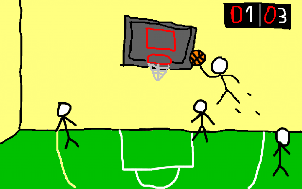 Piirroskuvassa hahmot pelaavat koripalloa koripallohallissa.