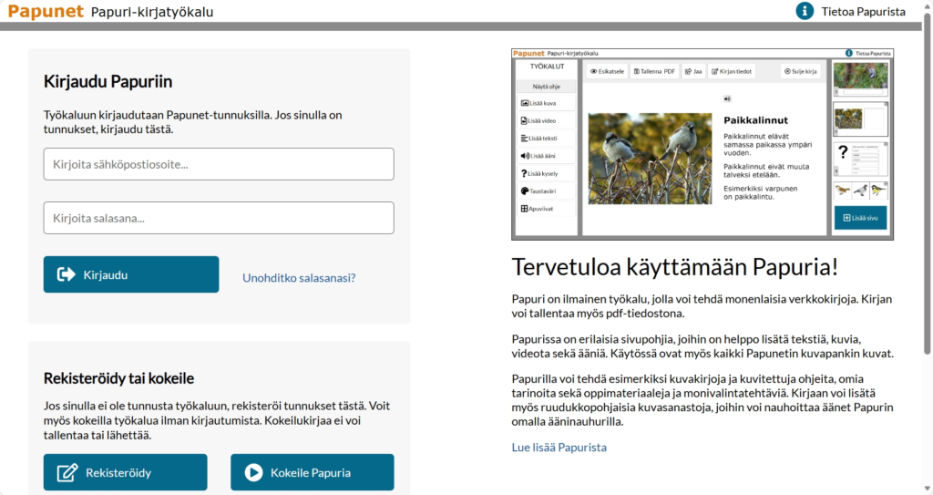 Näkymä Papuri-verkkokirjatyökalun aloitussivusta, jossa tapahtuu rekisteröityminen ja kirjautuminen.